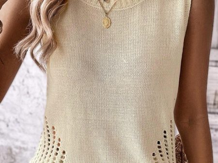 Beige Pointelle Detail Solid Color Knit Sweater Vest Sale