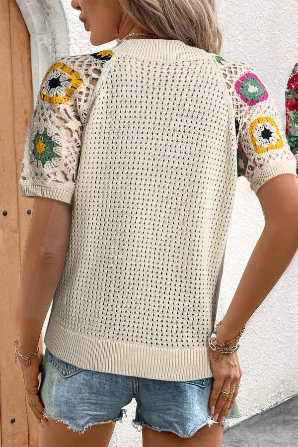 Apricot Hollow Out Floral Crochet Short Sleeve Crewneck Sweater Discount