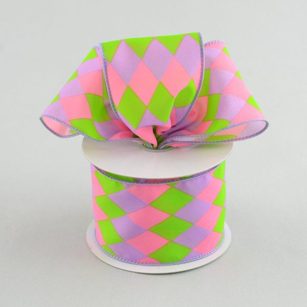 2.5  Harlequin Print Ribbon: Pink, Purple & Lime (10 Yards) Discount