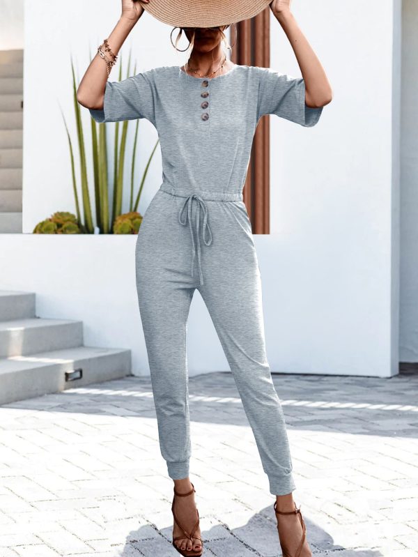 Buttoned Half Sleeve Round Neck Jumpsuit Online now