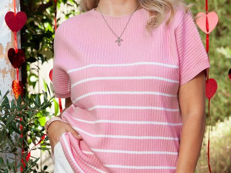 Pink Stripe Ribbed Loose Plus T Shirt For Cheap