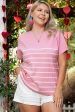 Pink Stripe Ribbed Loose Plus T Shirt For Cheap