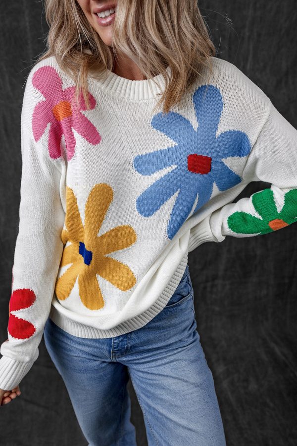 White Colorful Big Flower Pattern Crewneck Sweater For Cheap