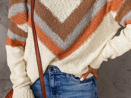 Beige Chevron Striped Drop Shoulder Sweater For Discount