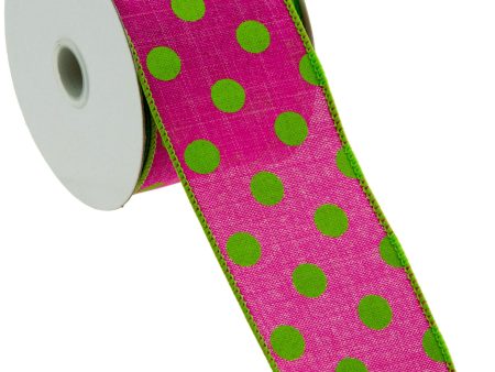 2.5  Linen Polka Dot Ribbon: Lime on Fuchsia Pink (10 Yards) Online