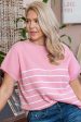 Pink Stripe Ribbed Loose Plus T Shirt For Cheap