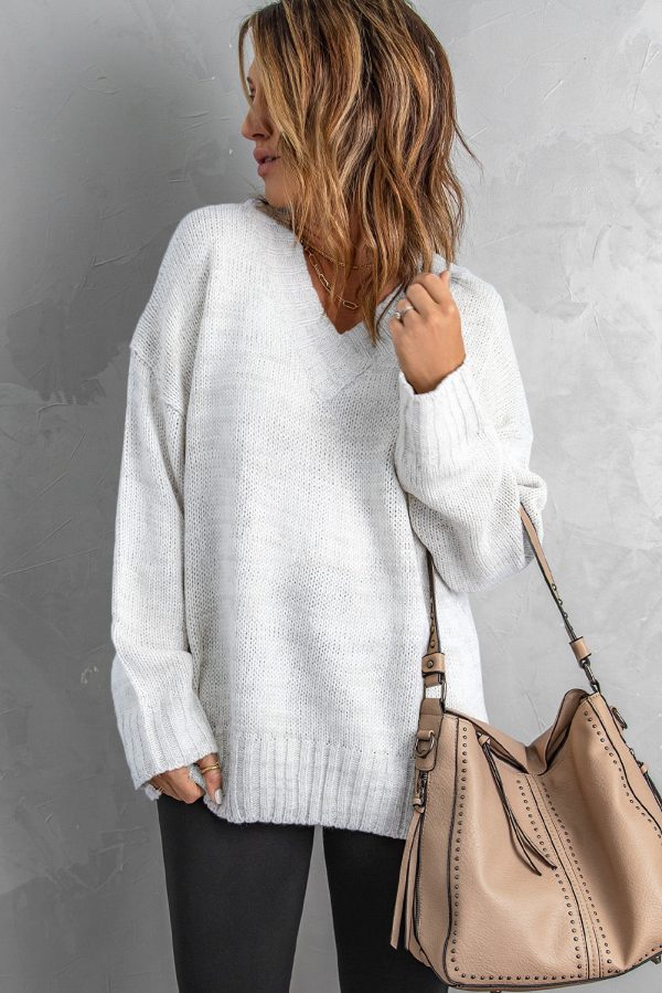 White V neck Drop Shoulder Knitted Sweater Online