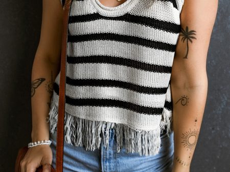 Beige Stripe Loose Knit Fringe Tank Top Discount