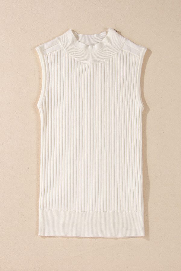 White Ribbed Knit High Neck Sweater Vest Sale