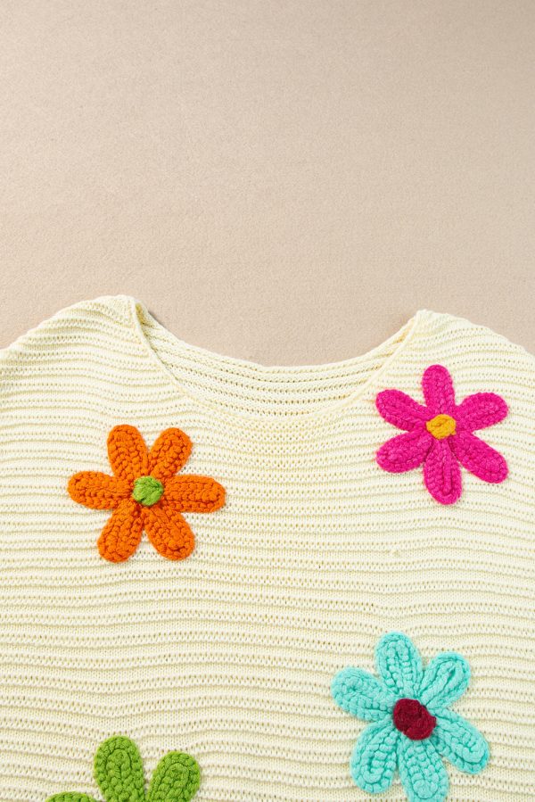 White Flower Crochet Round Neck Knitted Top For Cheap