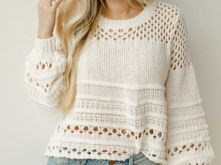 White Solid Color Pointelle Knit Puff Sleeve Sweater For Cheap