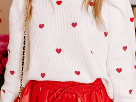 White Heart Shape Drop Shoulder Round Neck Sweater Sale