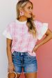 White Floral Printed Ruffled Short Sleeve Sweater Discount