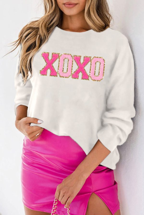 White XOXO Glitter Print Round Neck Casual Sweater Online now