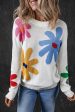 White Colorful Big Flower Pattern Crewneck Sweater For Cheap