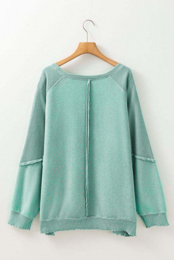 Mineral Blue Textured Patchwork Frilled Trim Plus Size Pullover Sweatshirt on Sale