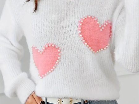 White Pearl Beaded Heart Pattern Fuzzy V Neck Sweater Hot on Sale