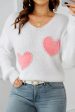 White Pearl Beaded Heart Pattern Fuzzy V Neck Sweater Hot on Sale