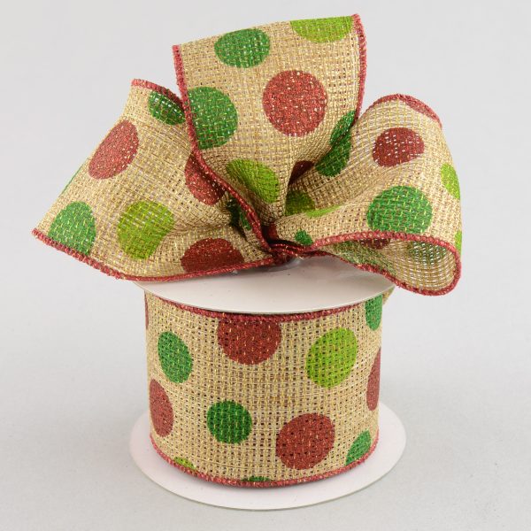 2.5  Faux Burlap Metallic Holiday Polka Dot Ribbon: Red, Lime & Green (10 Yards) Supply