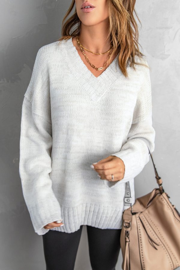 White V neck Drop Shoulder Knitted Sweater Online