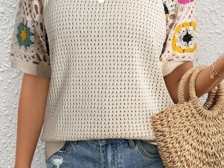 Apricot Hollow Out Floral Crochet Short Sleeve Crewneck Sweater Discount