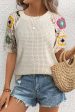 Apricot Hollow Out Floral Crochet Short Sleeve Crewneck Sweater Discount