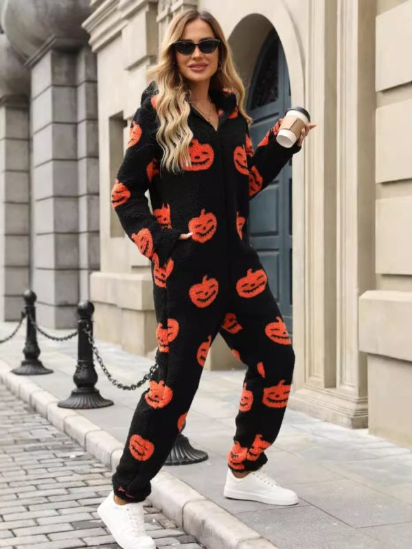 Fuzzy Pumpkin Half Zip Hooded Jumpsuit Sale