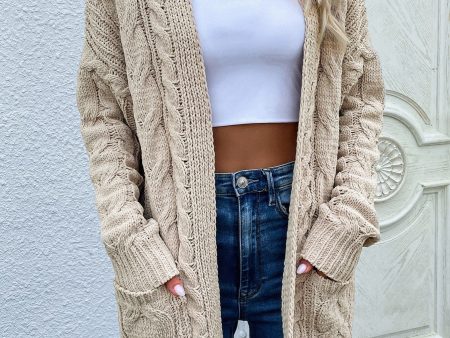 Woven Right Cable-Knit Open Front Cardigan with Front Pockets on Sale