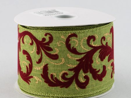 2.5  Velvet Leaf Ribbon: Moss Green & Burgundy (10 Yards) Sale