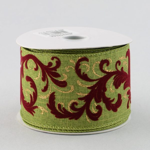 2.5  Velvet Leaf Ribbon: Moss Green & Burgundy (10 Yards) Sale