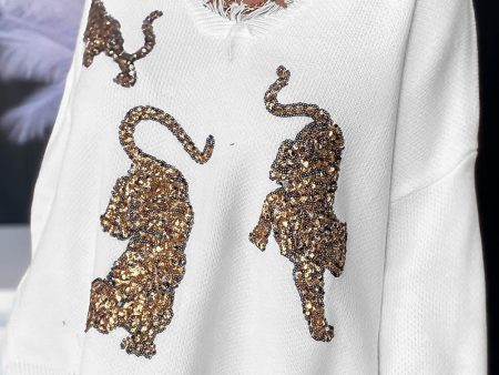 White Frayed Sequin Tiger Sweater Supply