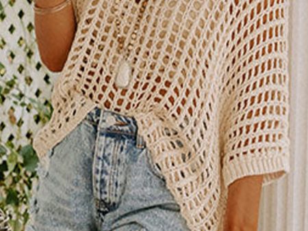 Apricot Fishnet Knit Ribbed Round Neck Short Sleeve Sweater Tee For Sale