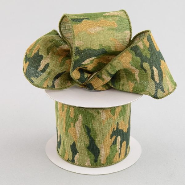 2.5  Camouflage Print Woven Ribbon: Woodland Green & Tan (10 Yards) Sale