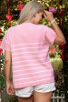 Pink Stripe Ribbed Loose Plus T Shirt For Cheap