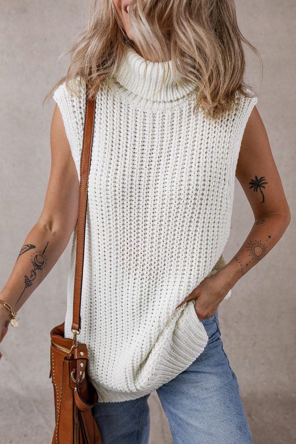 White Turtleneck Knitted Slit Hem Sweater Vest Online Hot Sale