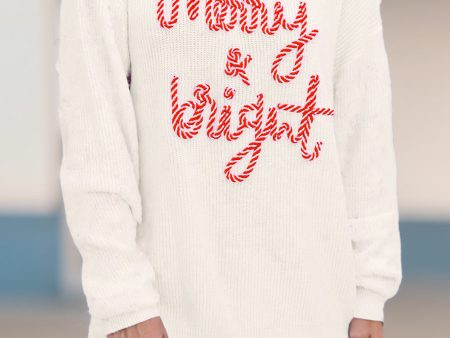 White Striped Merry Bright Letter Christmas Sweater Online