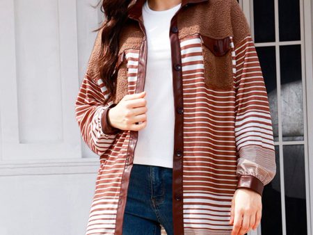 Buttoned Striped Collared Neck Jacket Online Hot Sale