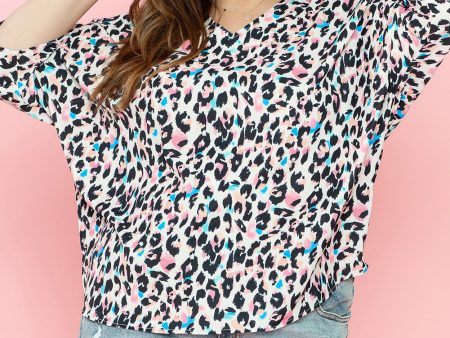 Brown Leopard Print V Neck Batwing Sleeve Plus Size Top Hot on Sale