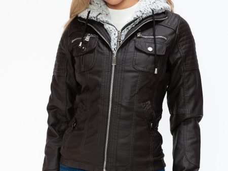 YMI Removable Faux Layered Multi-Pocket Jacket with Fuzzy Hood Fashion