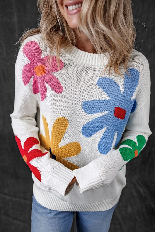 White Colorful Big Flower Pattern Crewneck Sweater For Cheap