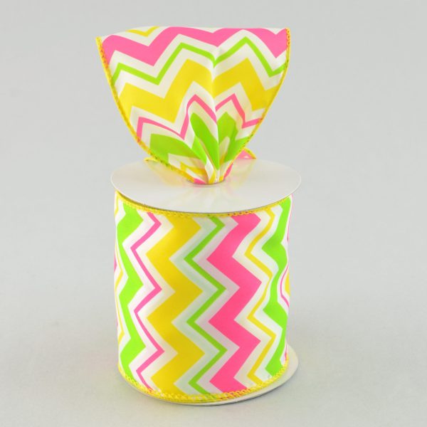 4  Satin Spring Chevron Ribbon: Pink, Yellow & Lime Cheap