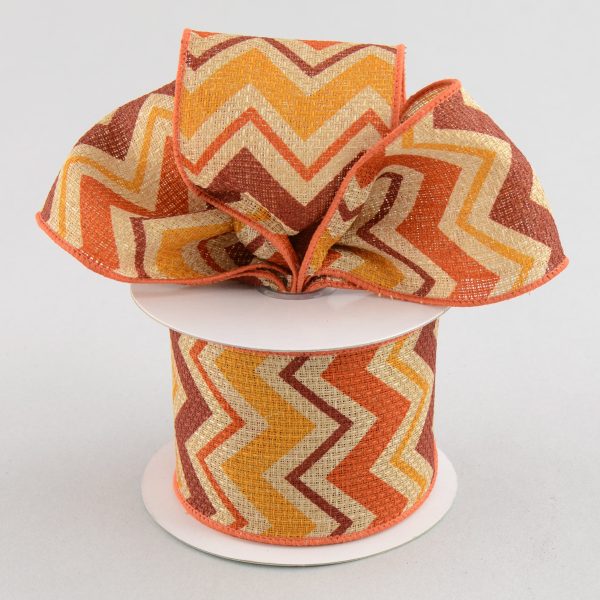 2.5  Faux Burlap Fall Chevron Ribbon: Gold, Orange & Burgundy (10 Yards) For Sale