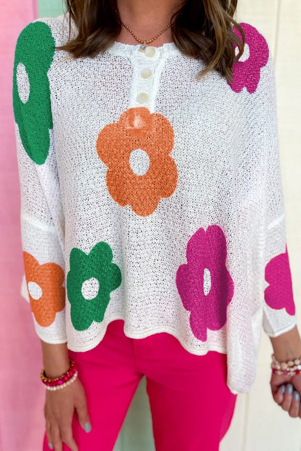 White Floral Print Buttoned Loose Lightweight Sweater Online Sale