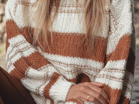 White Striped Knit Puff Sleeve Casual Sweater Online now