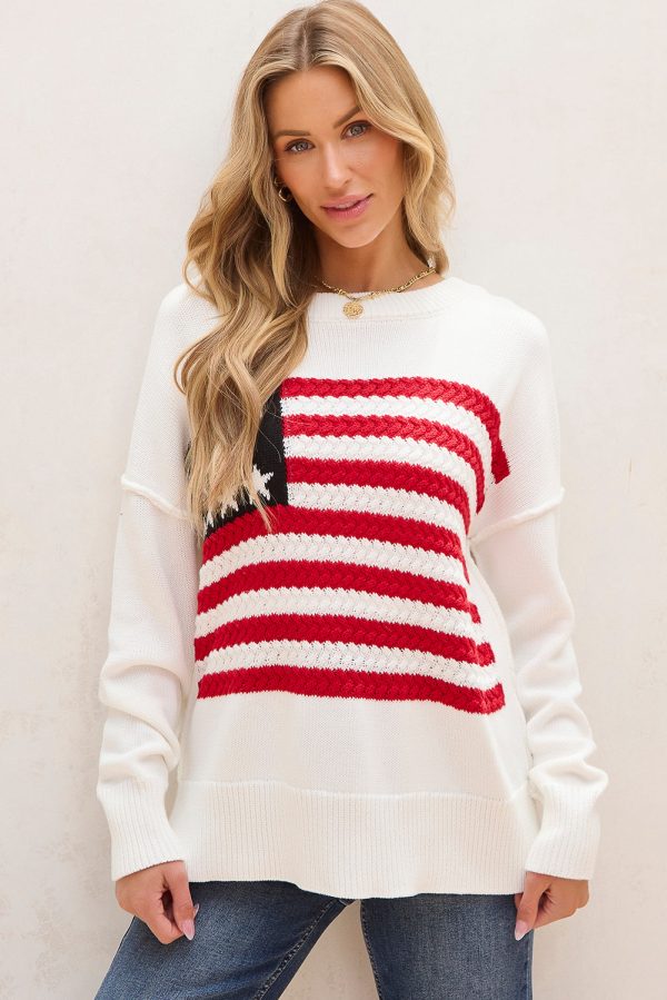 White American Flag Cable Knit Drop Shoulder Sweater Cheap