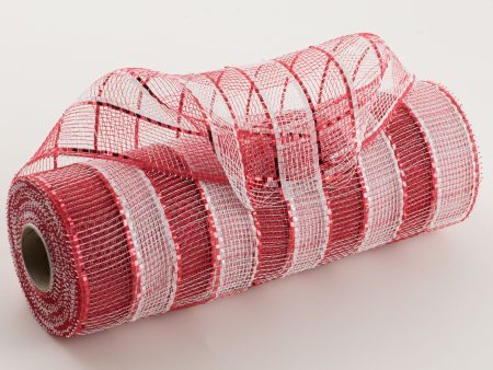 10  Poly Deco Mesh: Metallic Wide Foil Red White Plaid For Cheap