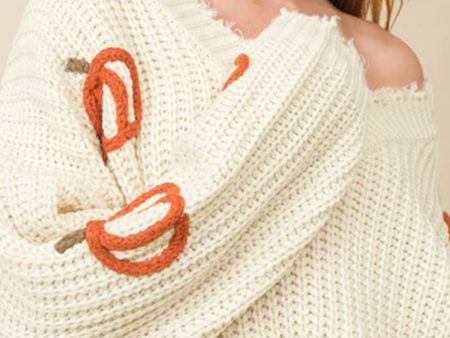 Beige Cable Knit Pumpkin Raw Hem V Neck Loose Sweater Supply