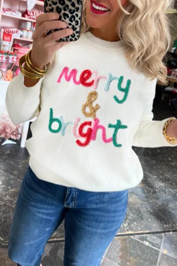 White Merry & Bright Round Neck Casual Sweater Discount