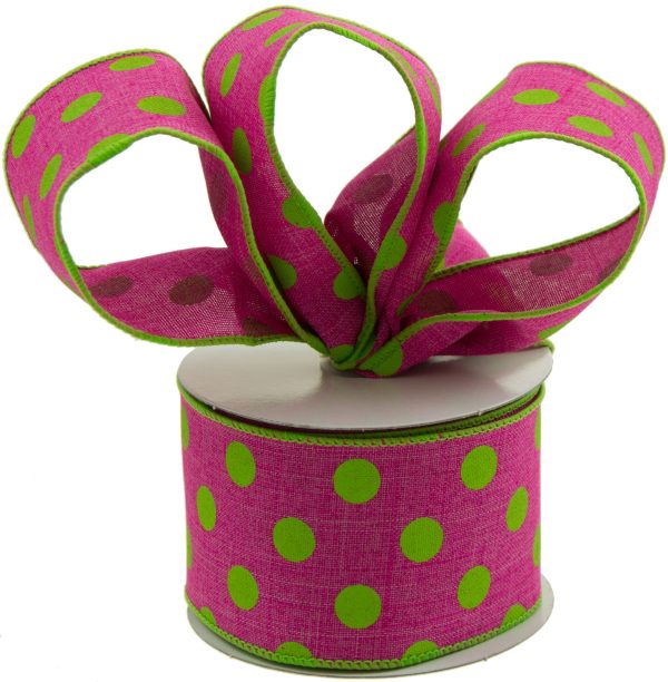 2.5  Linen Polka Dot Ribbon: Lime on Fuchsia Pink (10 Yards) Online