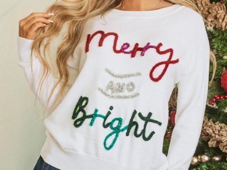 White Tinsel Merry and Bright Graphic Christmas Sweater Online Hot Sale